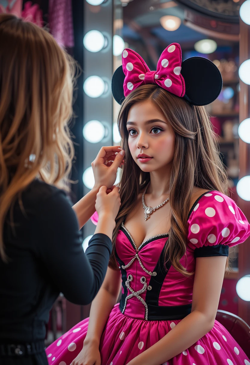 Young boy in Minnie dress getting makeup in boutique backroom