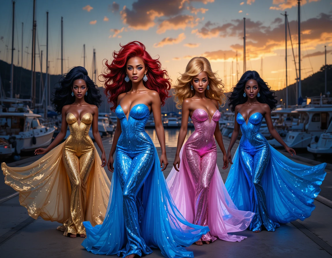 Confident black woman in blue dress at sunset marina