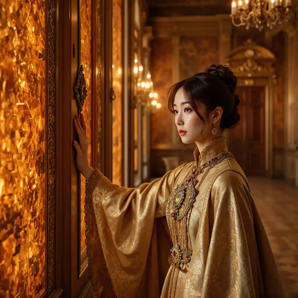 Disoriented Korean woman in imperial cloak in amber hall