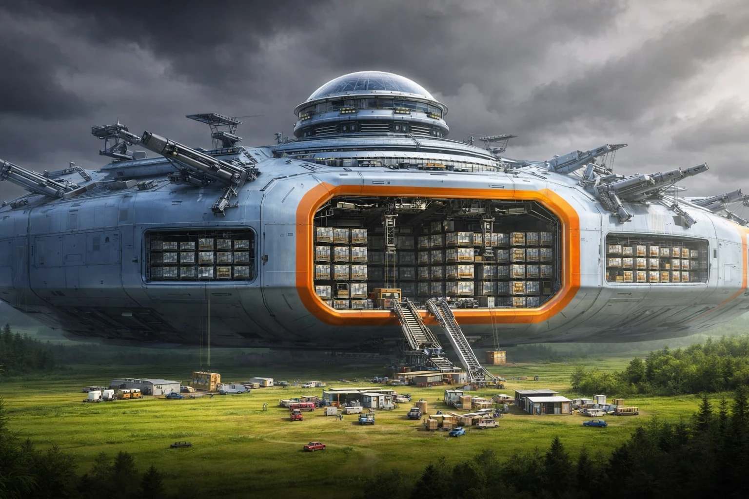 Enorme astronave cargo futuristica atterrata su una prateria verde
