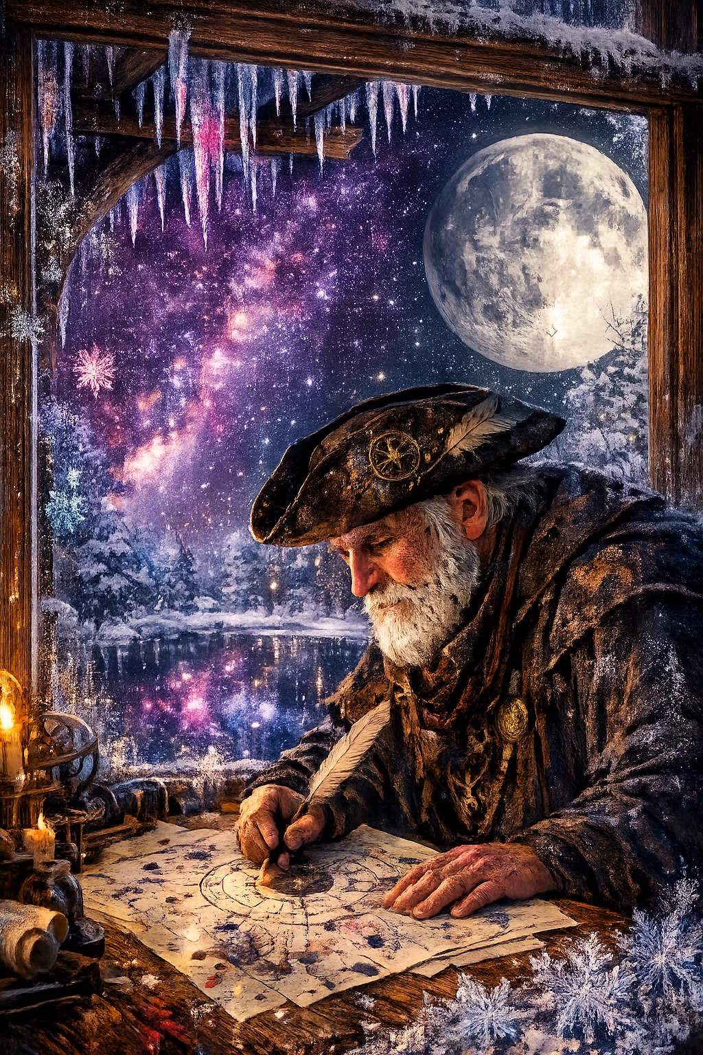 Giardino invernale al chiaro di luna con stagno ghiacciato e Via Lattea