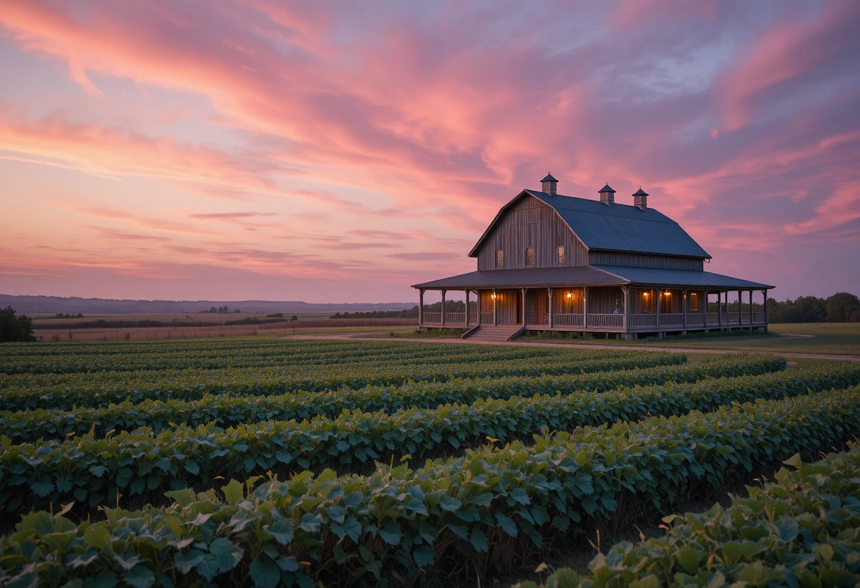 Casa de fazenda e celeiro na hora dourada em um campo costeiro tranquilo