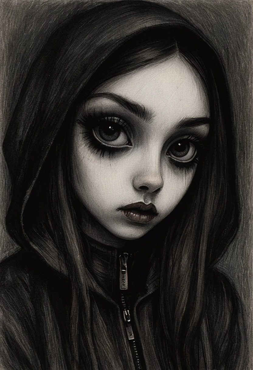 Monochrome portrait of a mysterious girl with large dark eyes