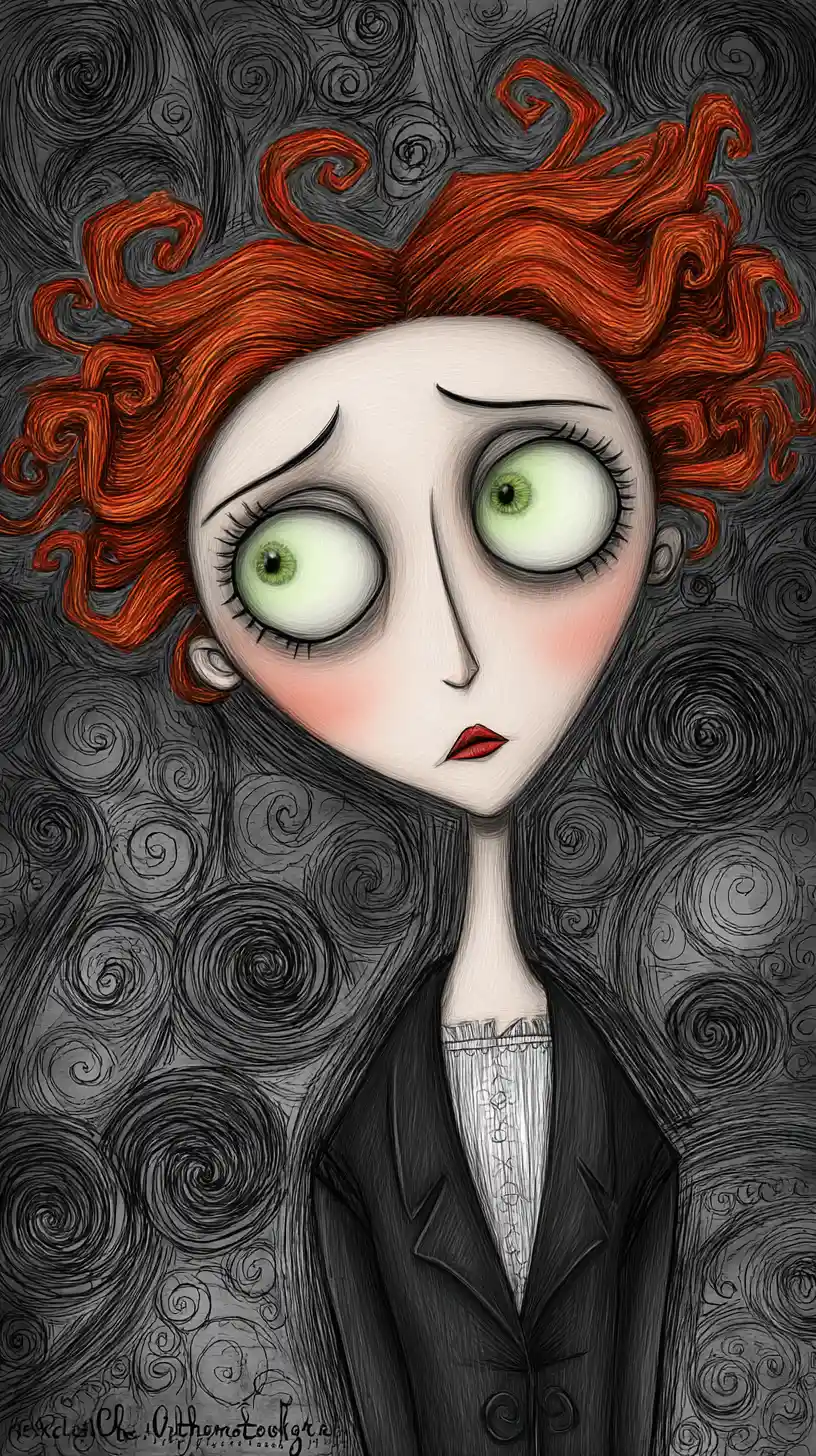 Pale green eyed girl with crimson hair in dark folk portrait