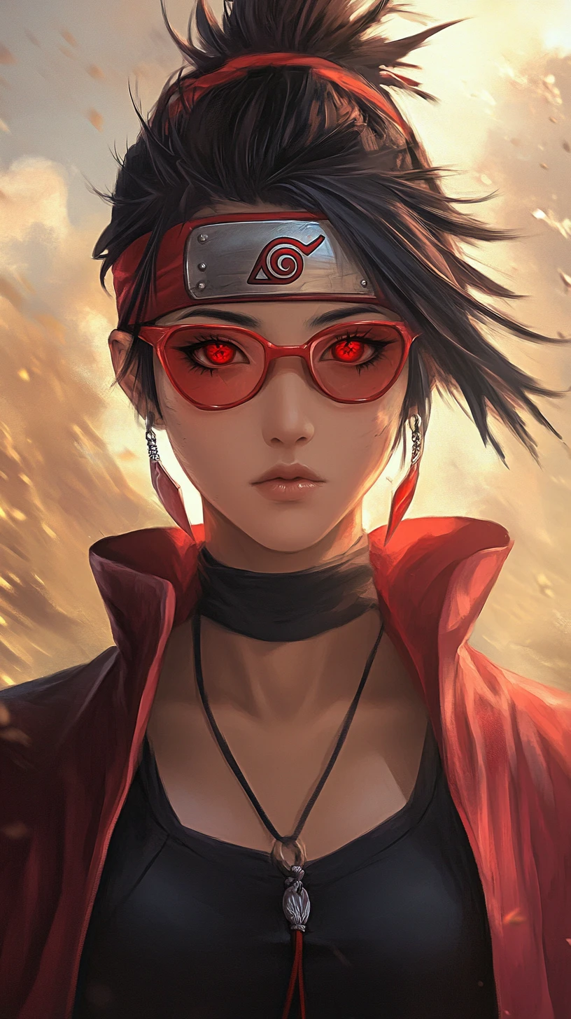 Femme d’anime intense en rouge sous le soleil chaud du désert