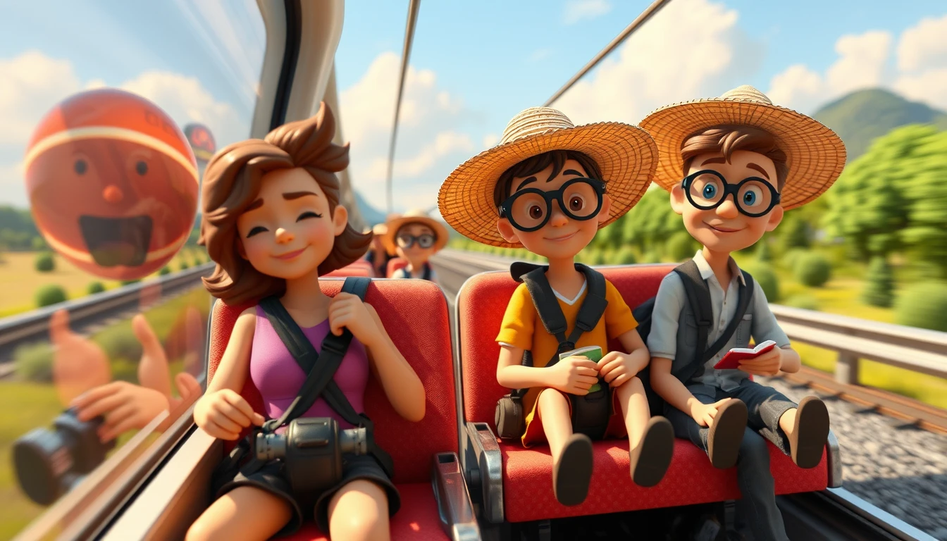 Personagens de trem de massinha brincalhões viajando por uma estrada de verão