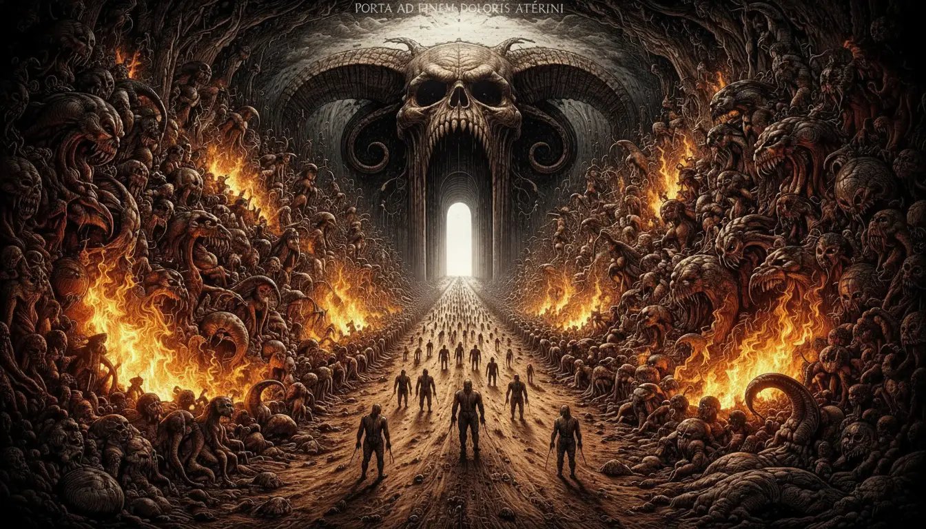 Surreal dirt road through flames and twisted creatures