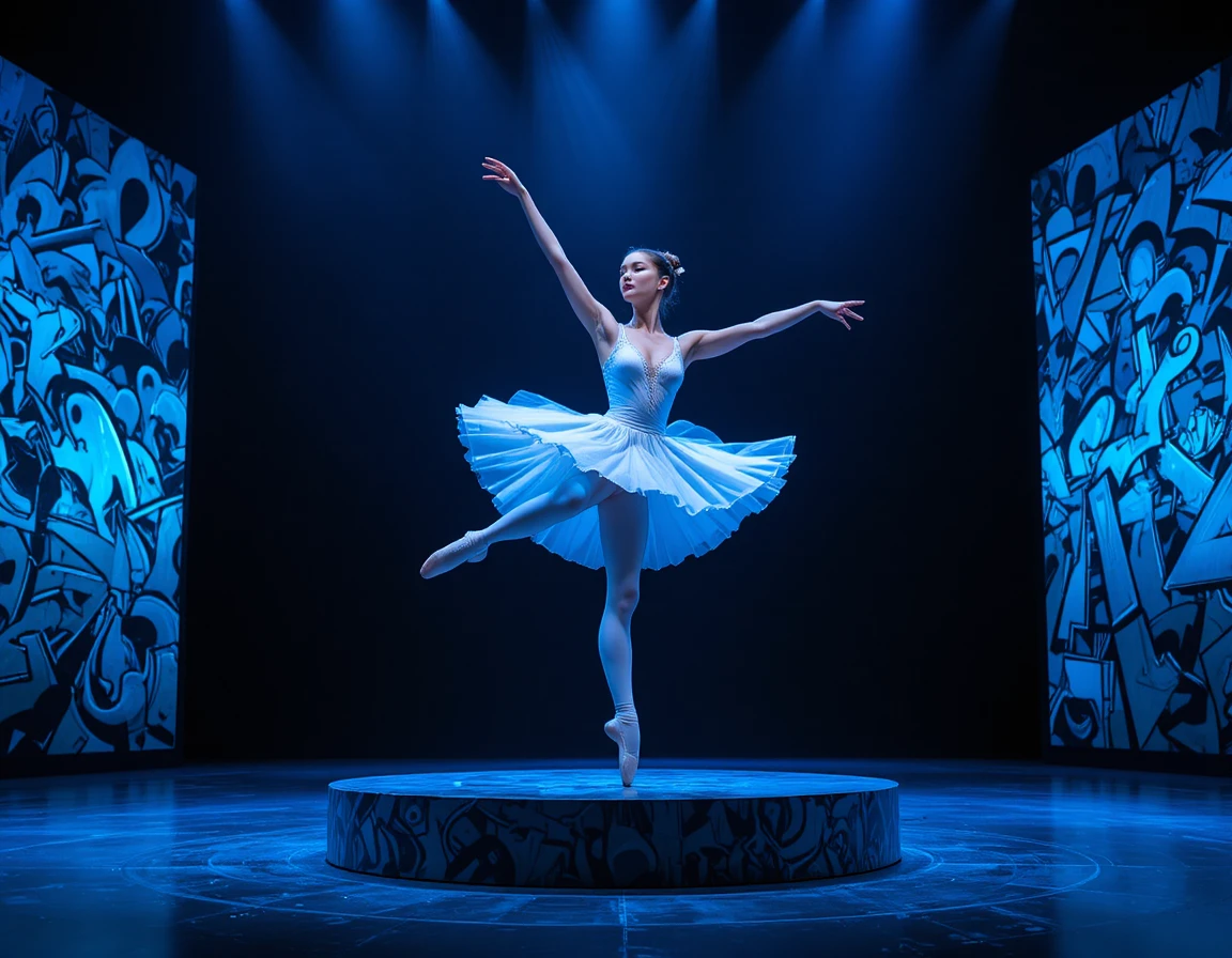 Männliche und weibliche Balletttänzer springen auf blau beleuchteter Bühne