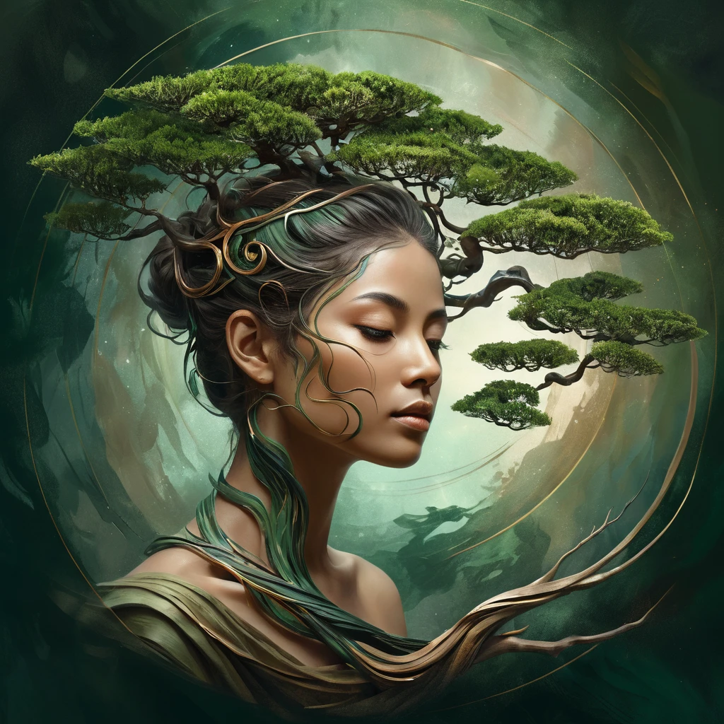 Abstract bonsai tree dissolving into swirling brushstrokes