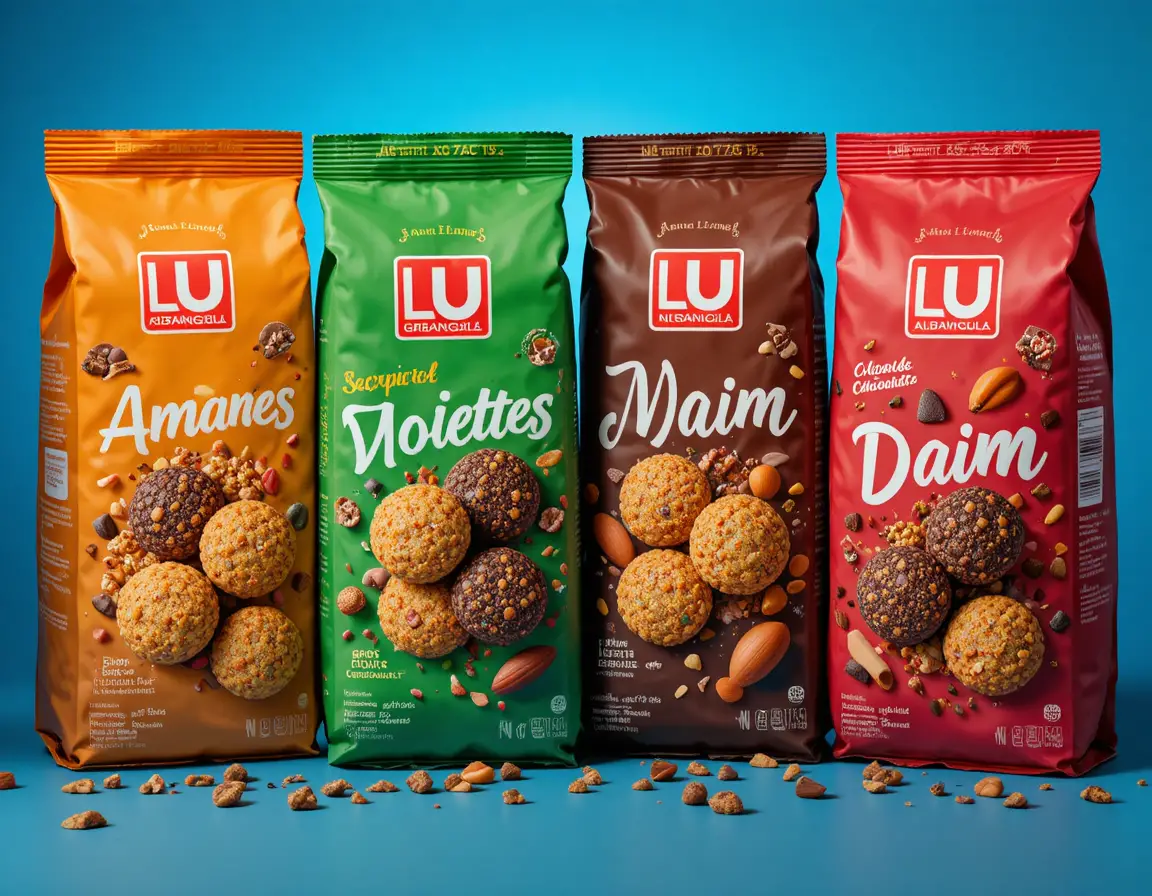 Assorted chocolate and nut cookie packs on blue background