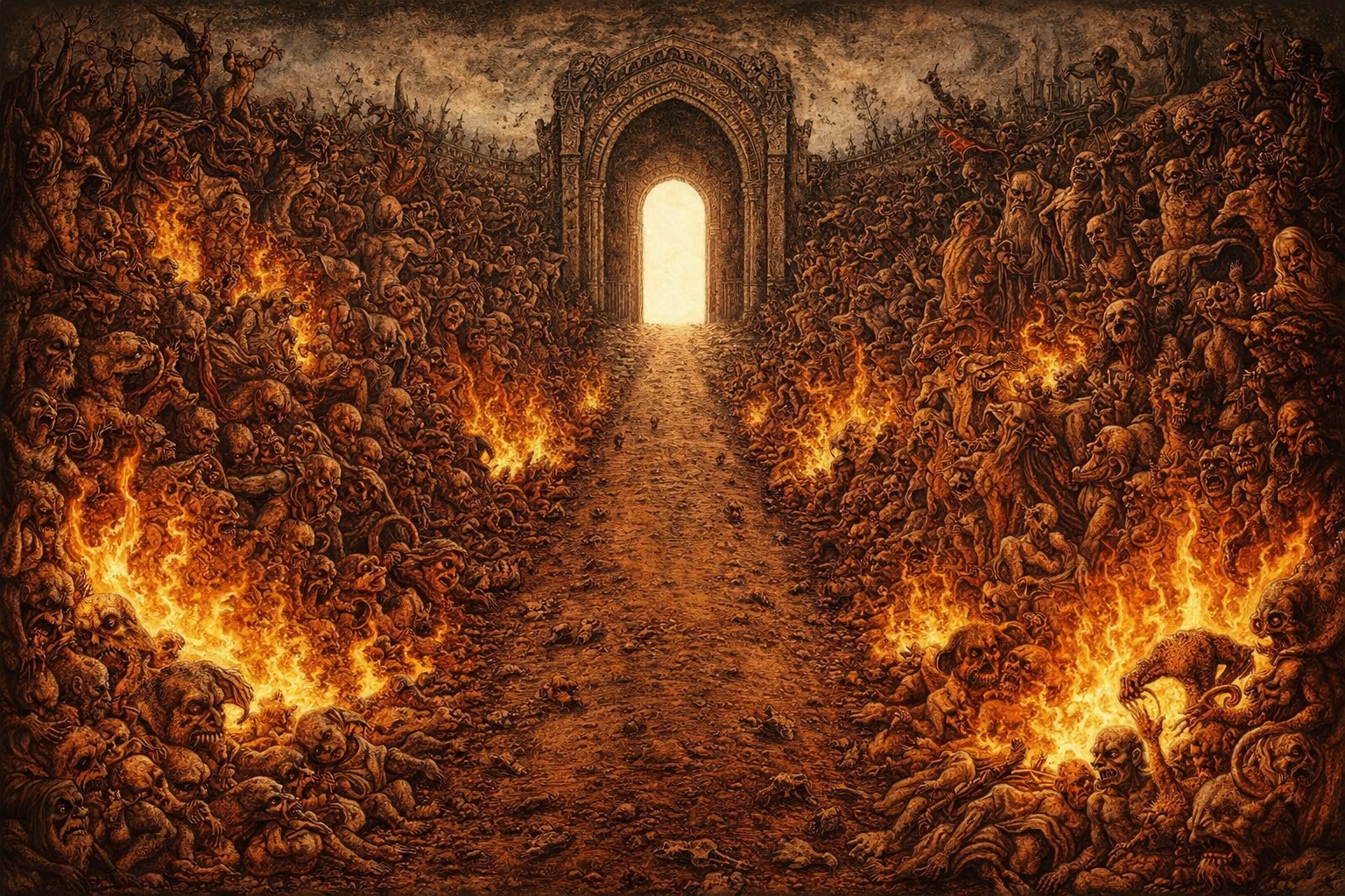 Monstros surreais ladeiam uma estrada em chamas até um portão distante