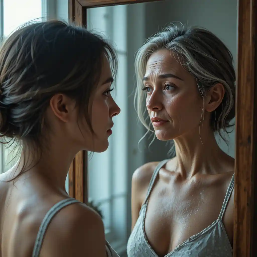 Young woman facing her aging reflection in a mirror