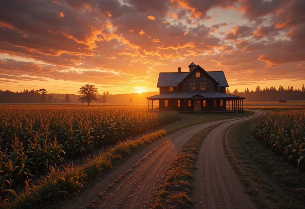 Casa de fazenda na hora dourada em uma tranquila estrada rural em Washington