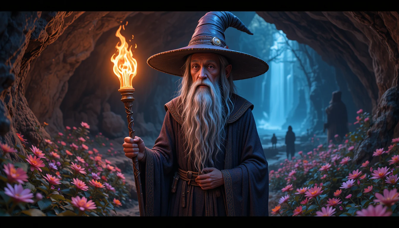 Mago alto de barba grisalha segurando um cajado brilhante em uma caverna