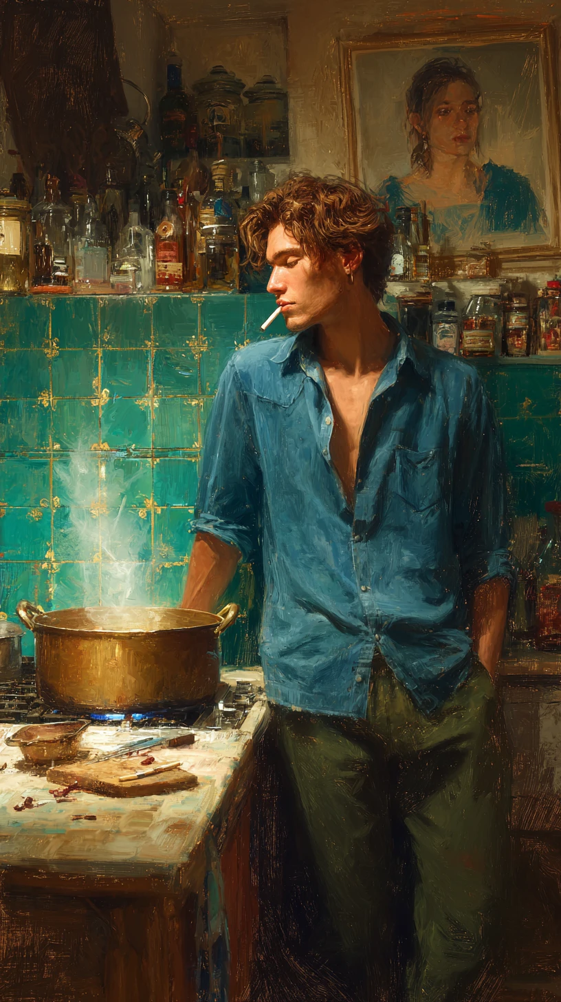 Giovane che fuma in una cucina rustica boho