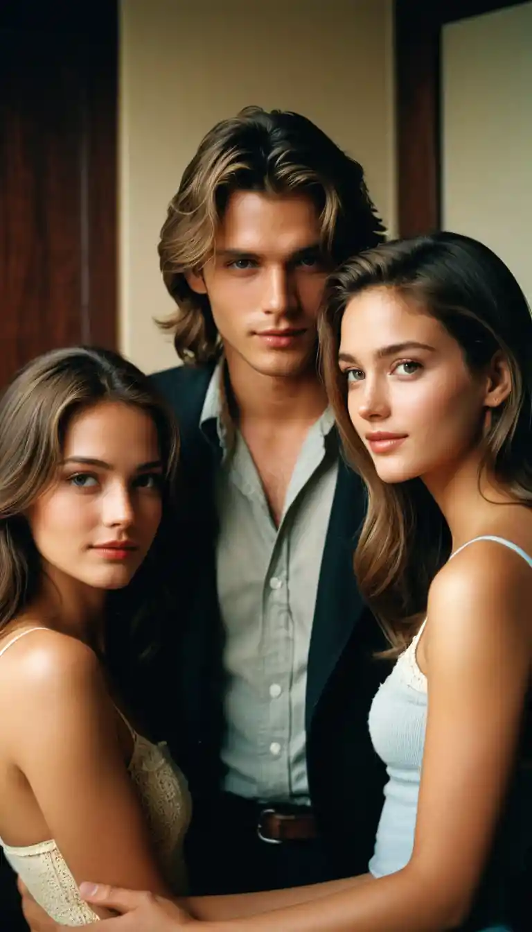 Romantic indoor portrait of man and two women in cinematic style