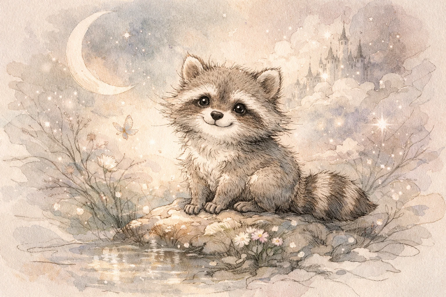 Ilustração em nanquim e aquarela suave de um guaxinim sorridente em tons pastéis