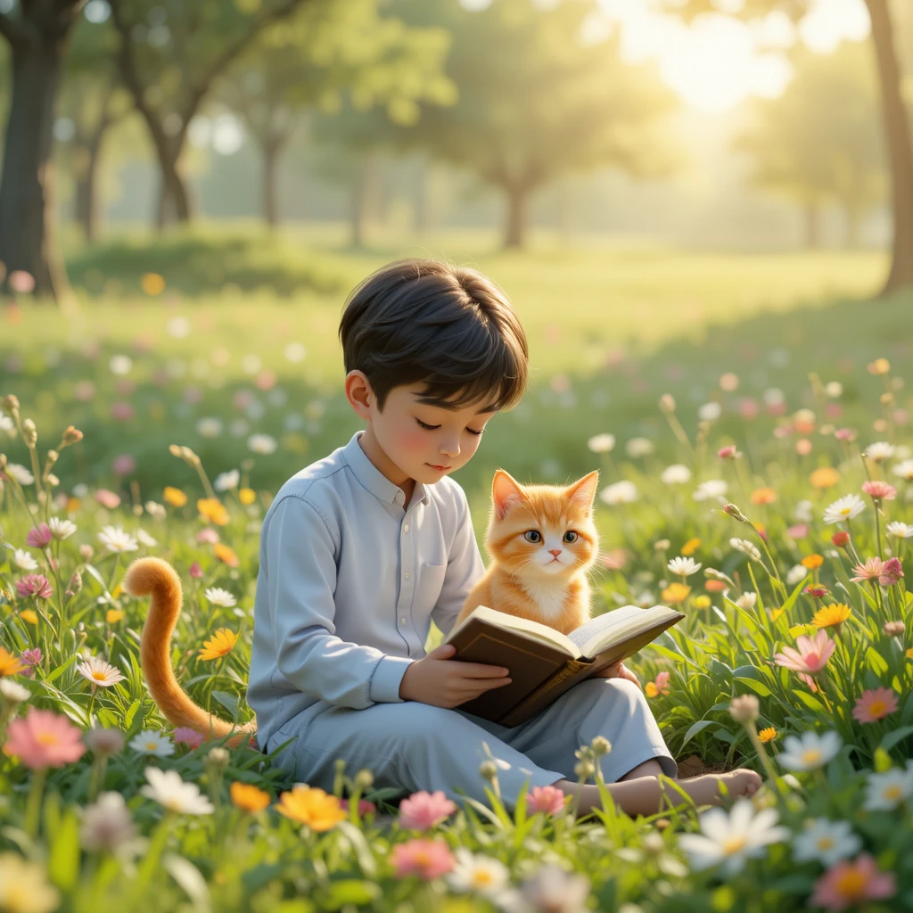 Young boy reading the Quran in a sunny flower meadow