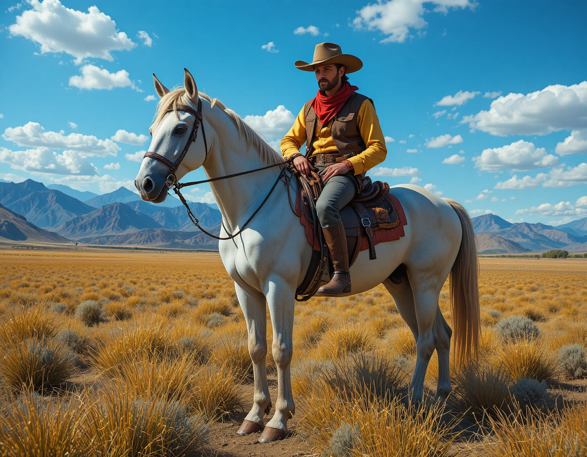 Cowboy determinado com cavalo branco na campina de outono