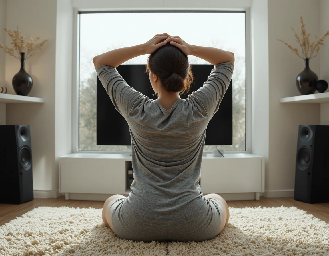 Woman stretching in a bright modern living room interior
