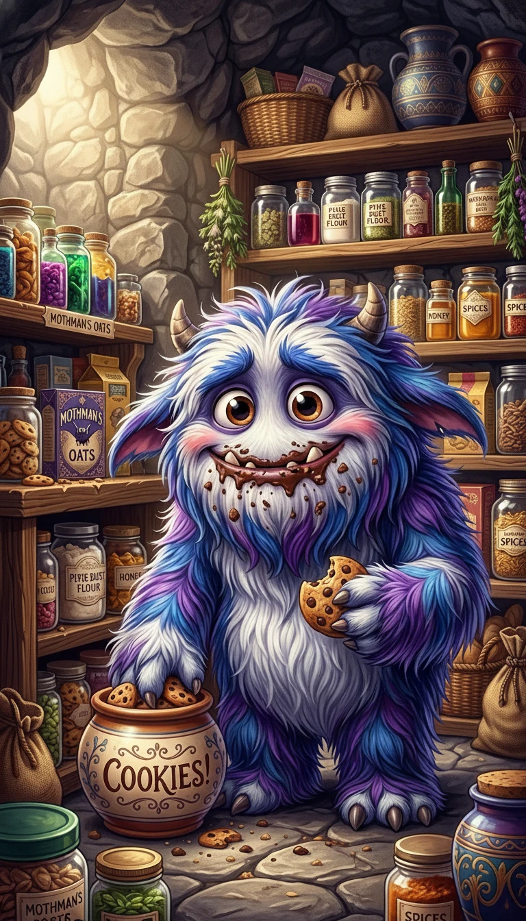 Fluffy cookie loving monster caught snacking in a cave
