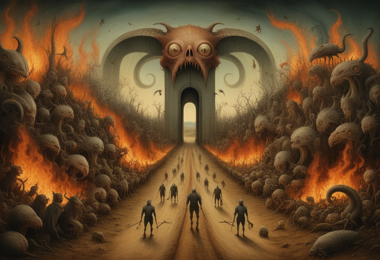 Surreal dirt road of torment with monsters and fire