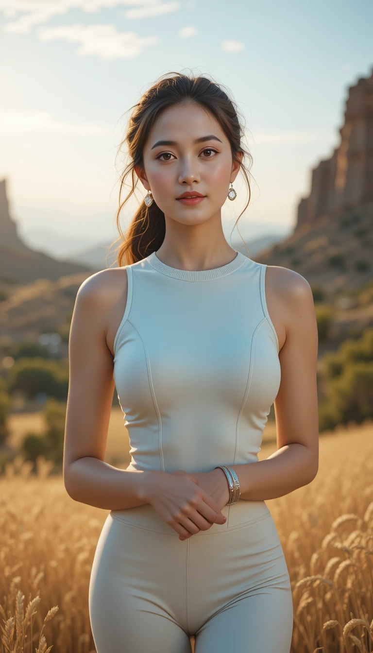 Donna sicura di sé con outfit sportivo estivo sotto una luce solare intensa