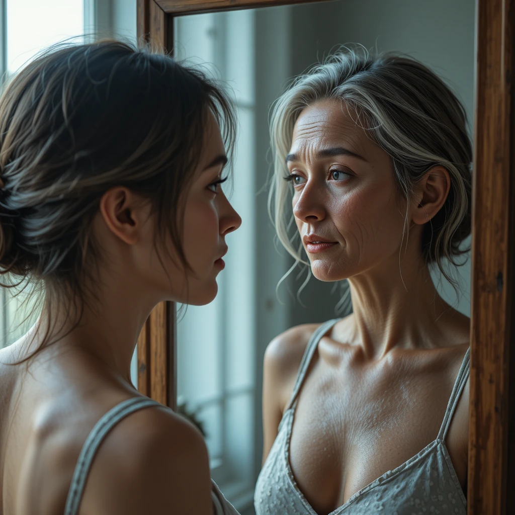 Young woman facing her aging reflection in a mirror