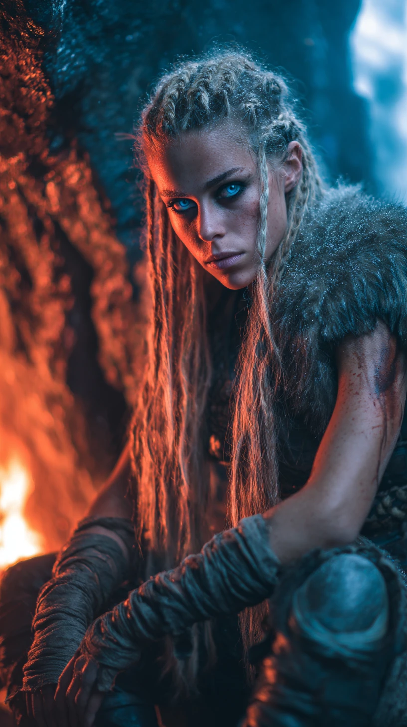 Viking warrior woman in a rocky cave lit by firelight