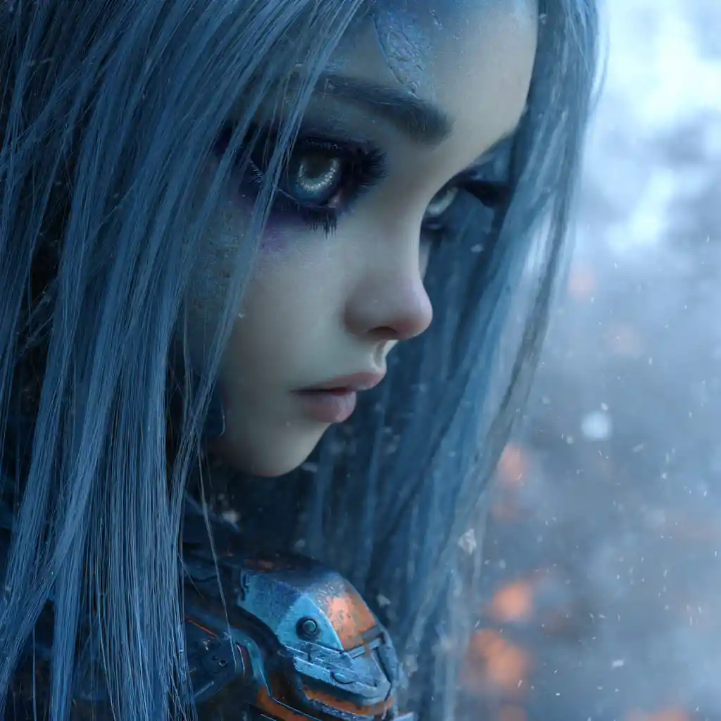 Melancholic cyberpunk woman in a misty post apocalyptic landscape