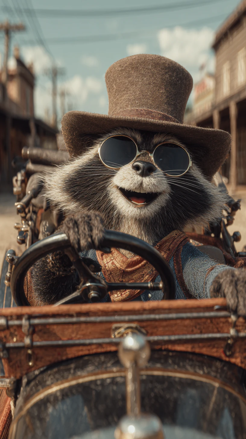 Guaxinim vitoriano dirigindo um carro steampunk em uma cidade fronteiriça