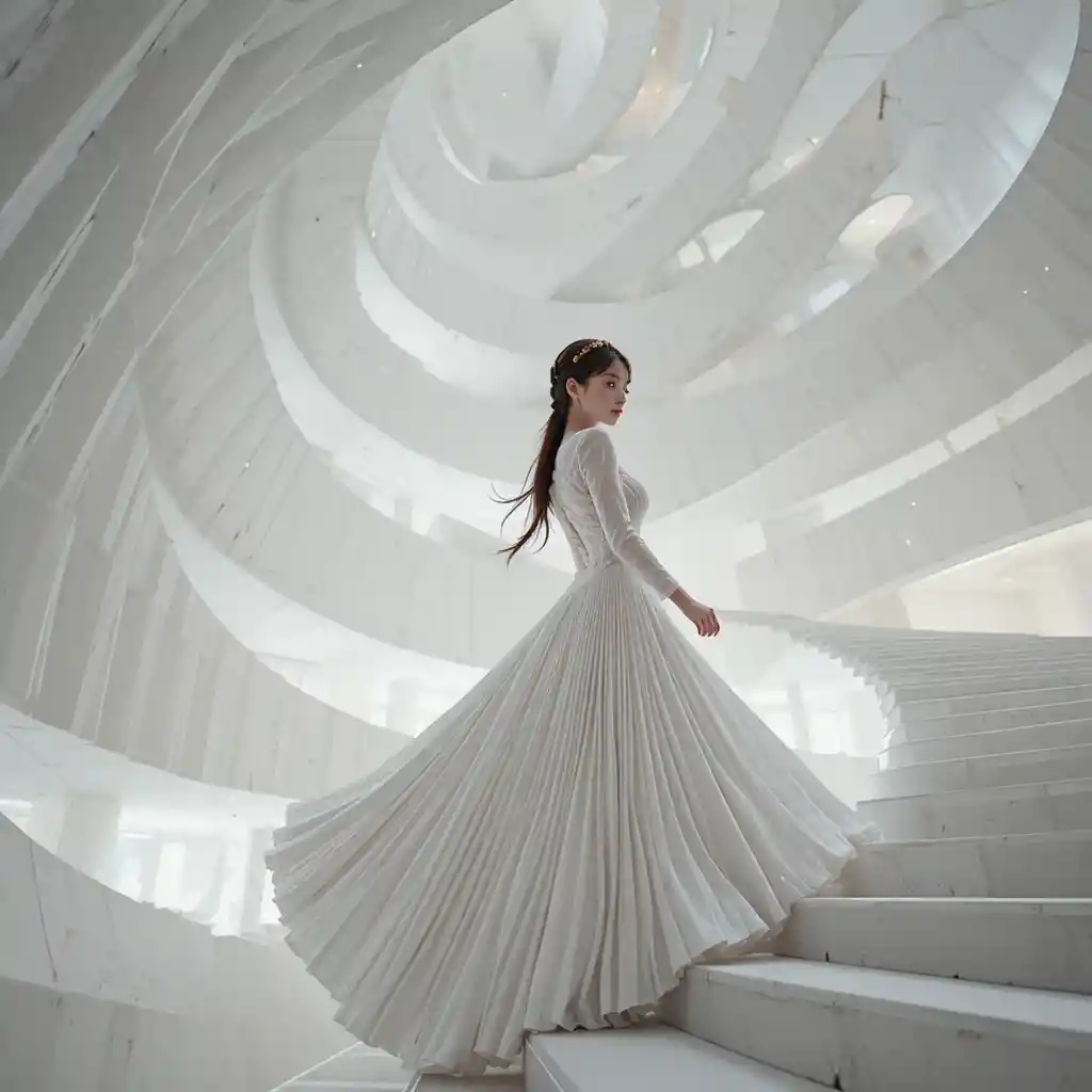 Young woman in sculptural white gown on spiral ramp