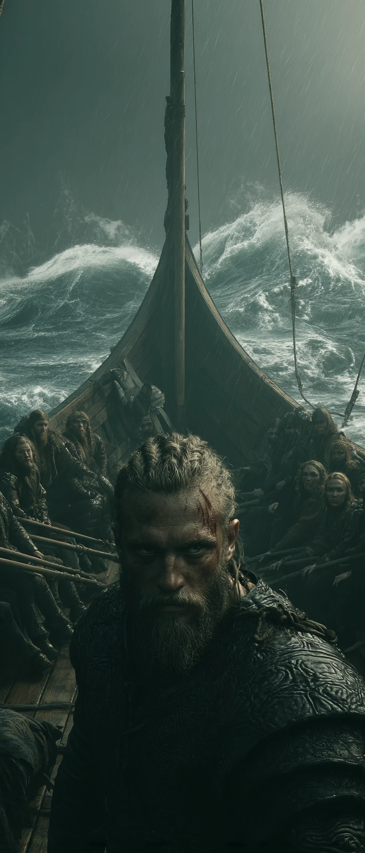 Rei viking liderando seu navio em meio a uma tempestade furiosa