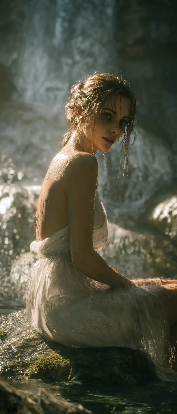 Young woman on wet rock beneath a glowing waterfall
