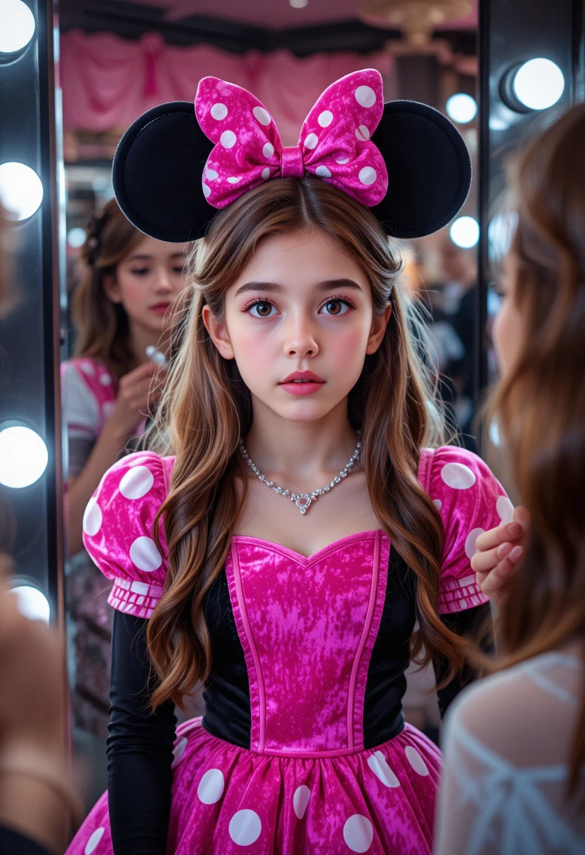 Junger Junge im pinken Minnie-Kleid bekommt Make-up in Boutique