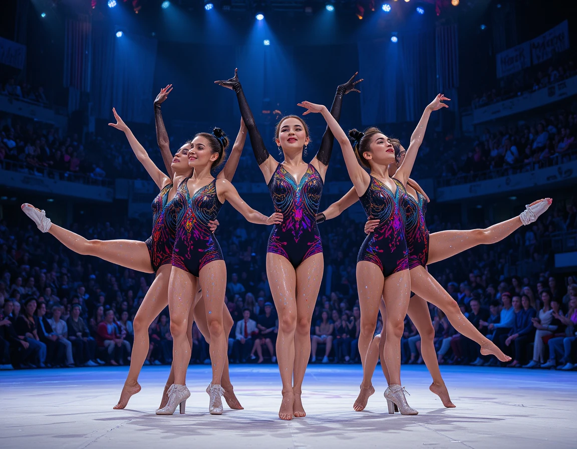 Athlètes féminines en performance scénique synchronisée de gymnastique rythmique