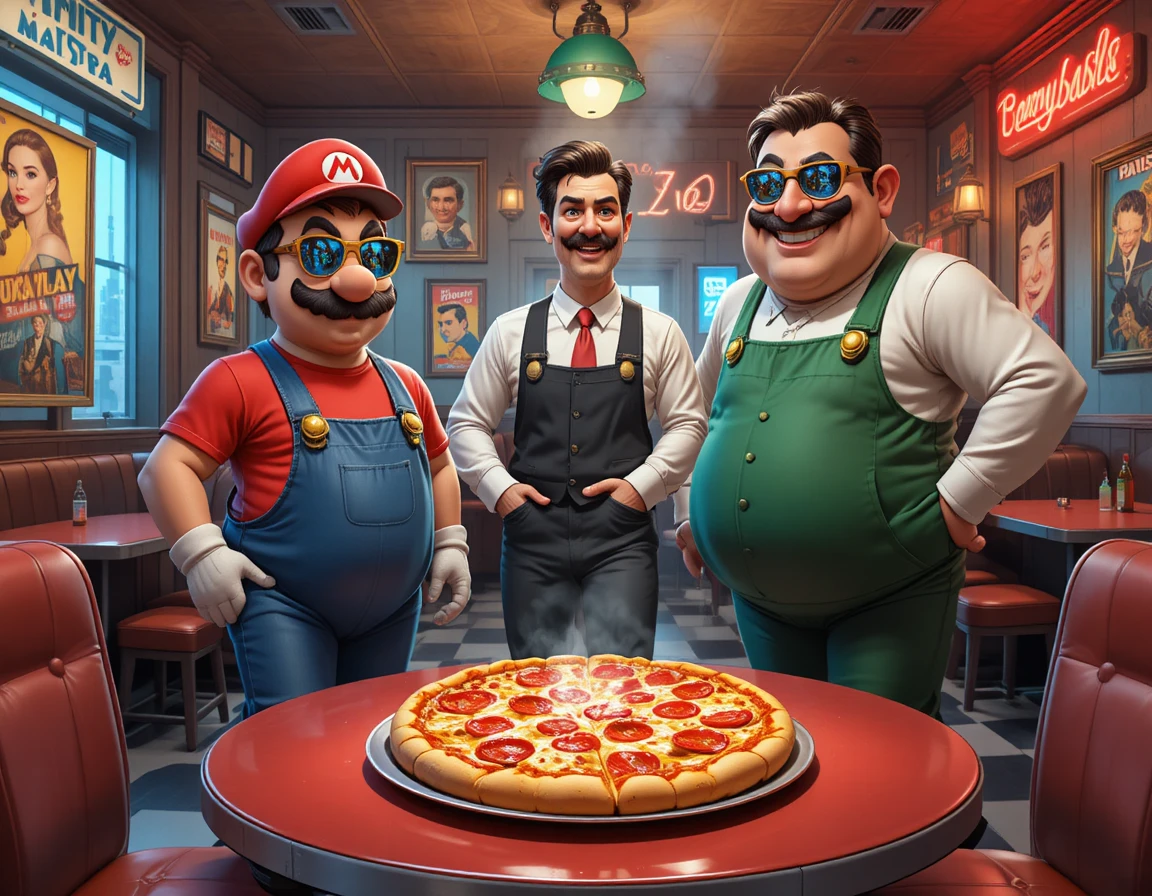 Retro diner scene with dancing cartoon brothers and waiter