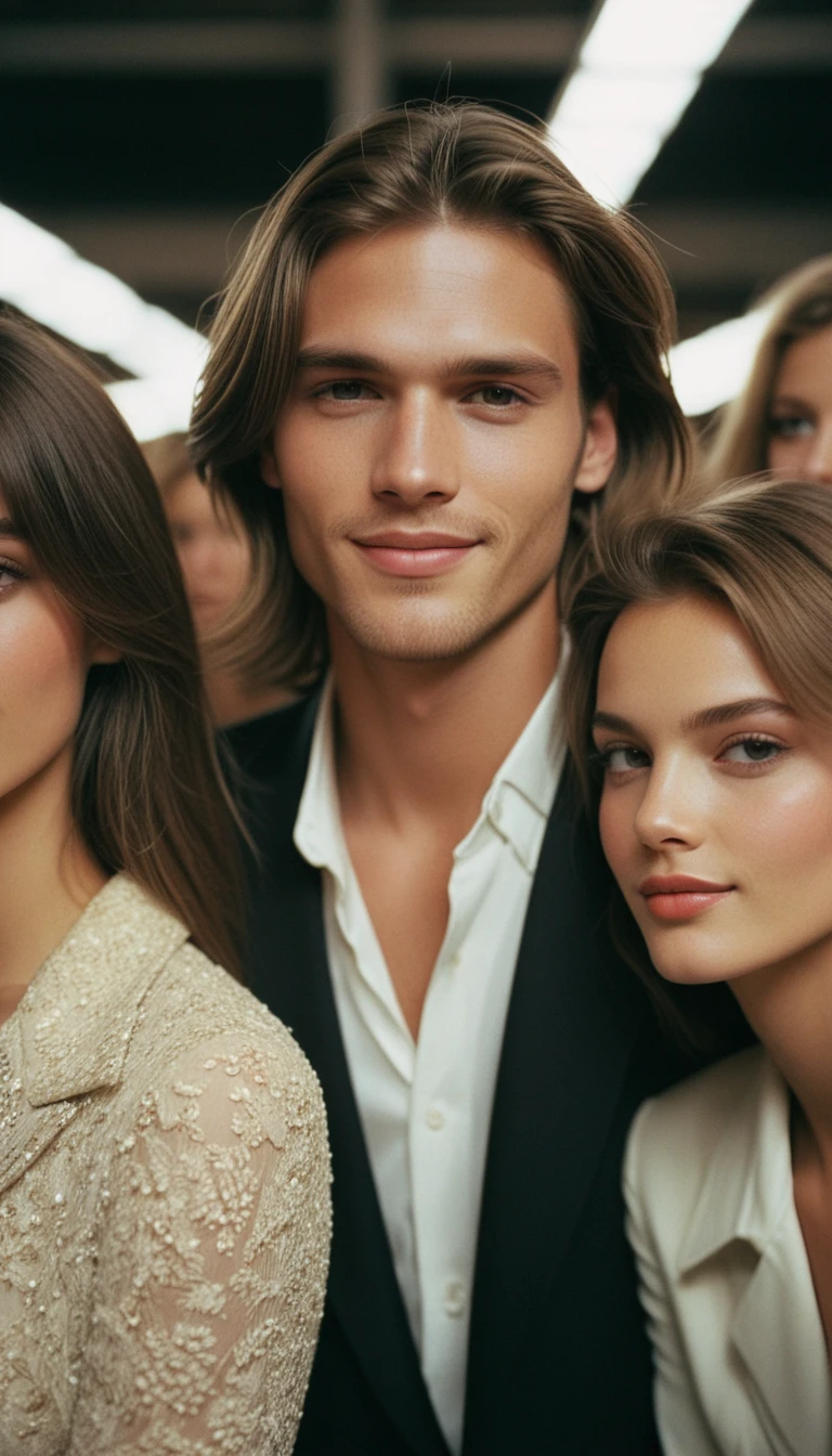 Ritratto indoor di un trio romantico alla settimana della moda