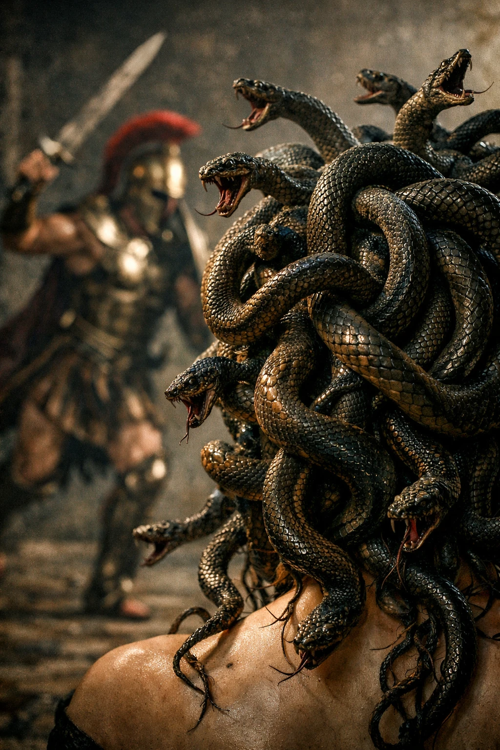 Primer plano de Medusa con serpientes retorciéndose y guerrero petrificado