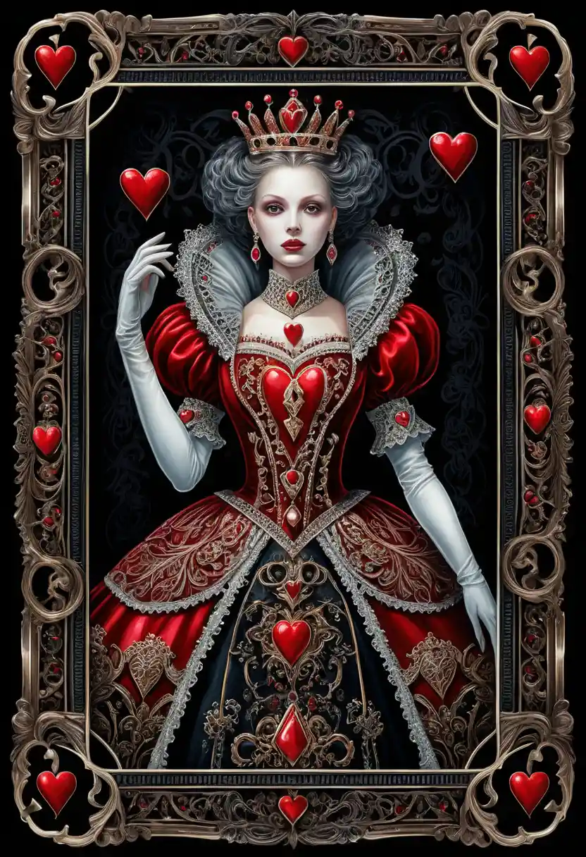 Carta da gioco incorniciata e riccamente lavorata con una regale regina di cuori