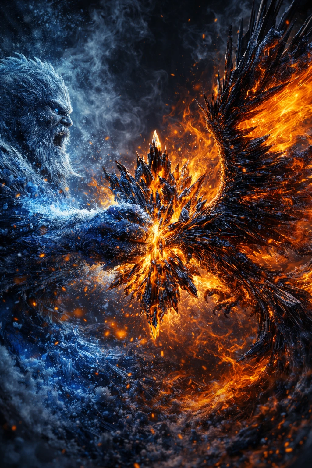 Elemental clash of frost giant and solar phoenix in motion