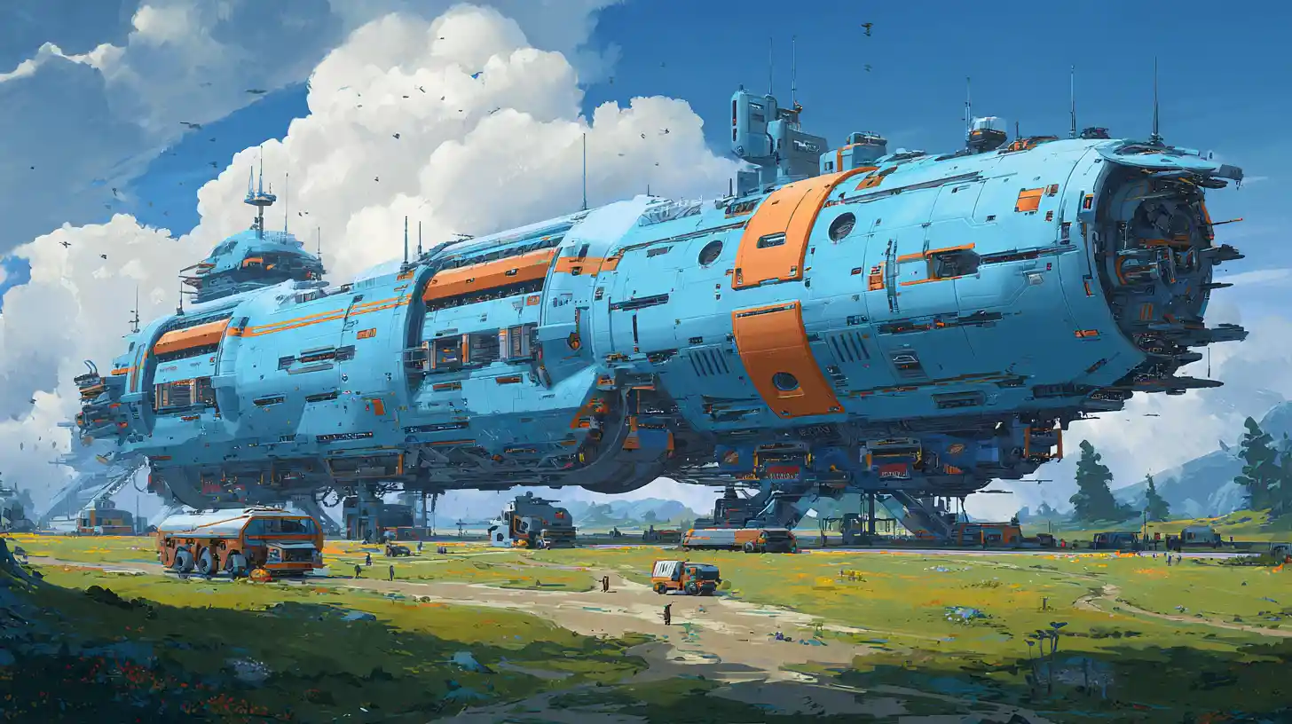 Gigantic sci fi cargo spaceship landed on lush alien world
