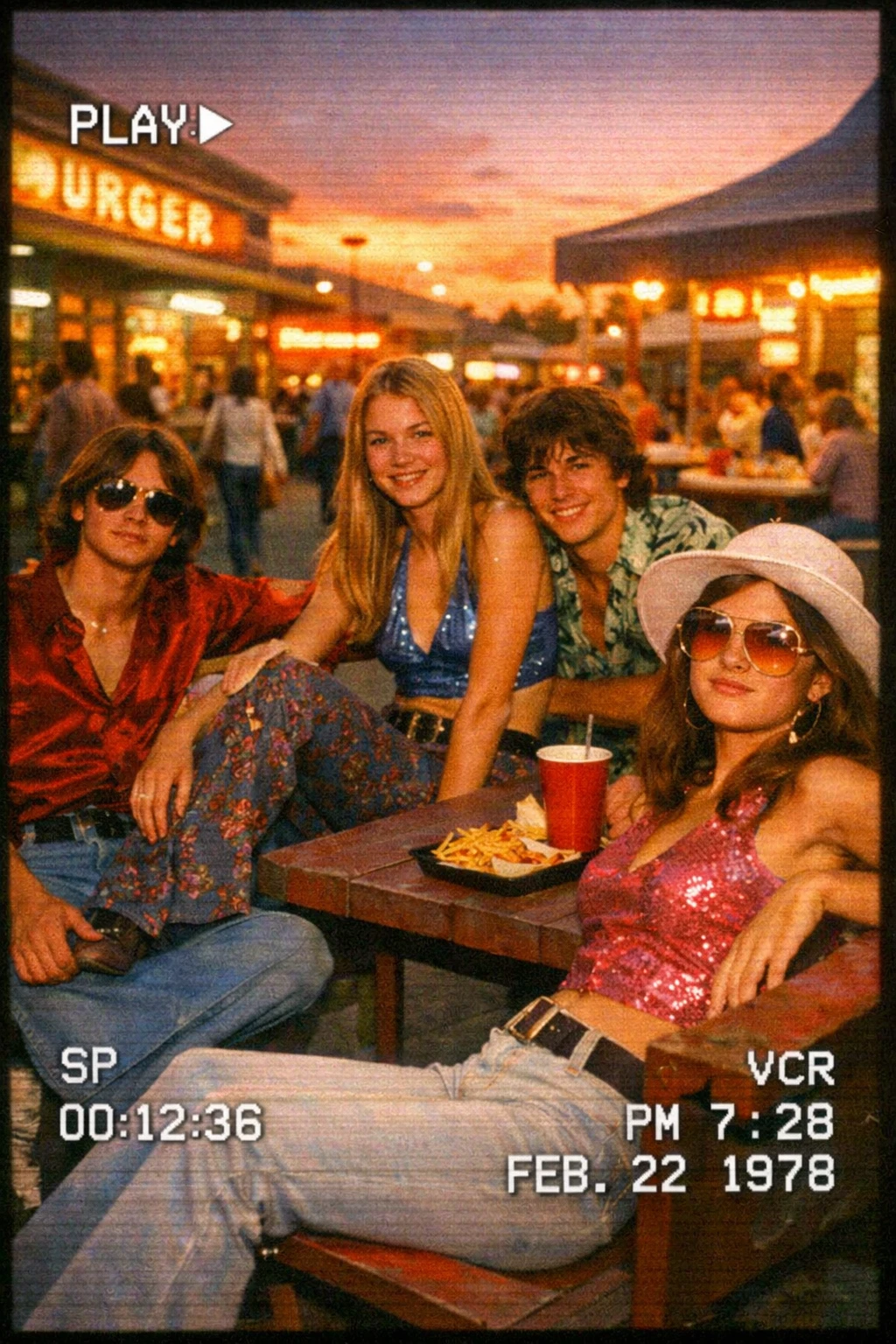 Adolescents décontractés des années 1970 dans un food court au coucher du soleil