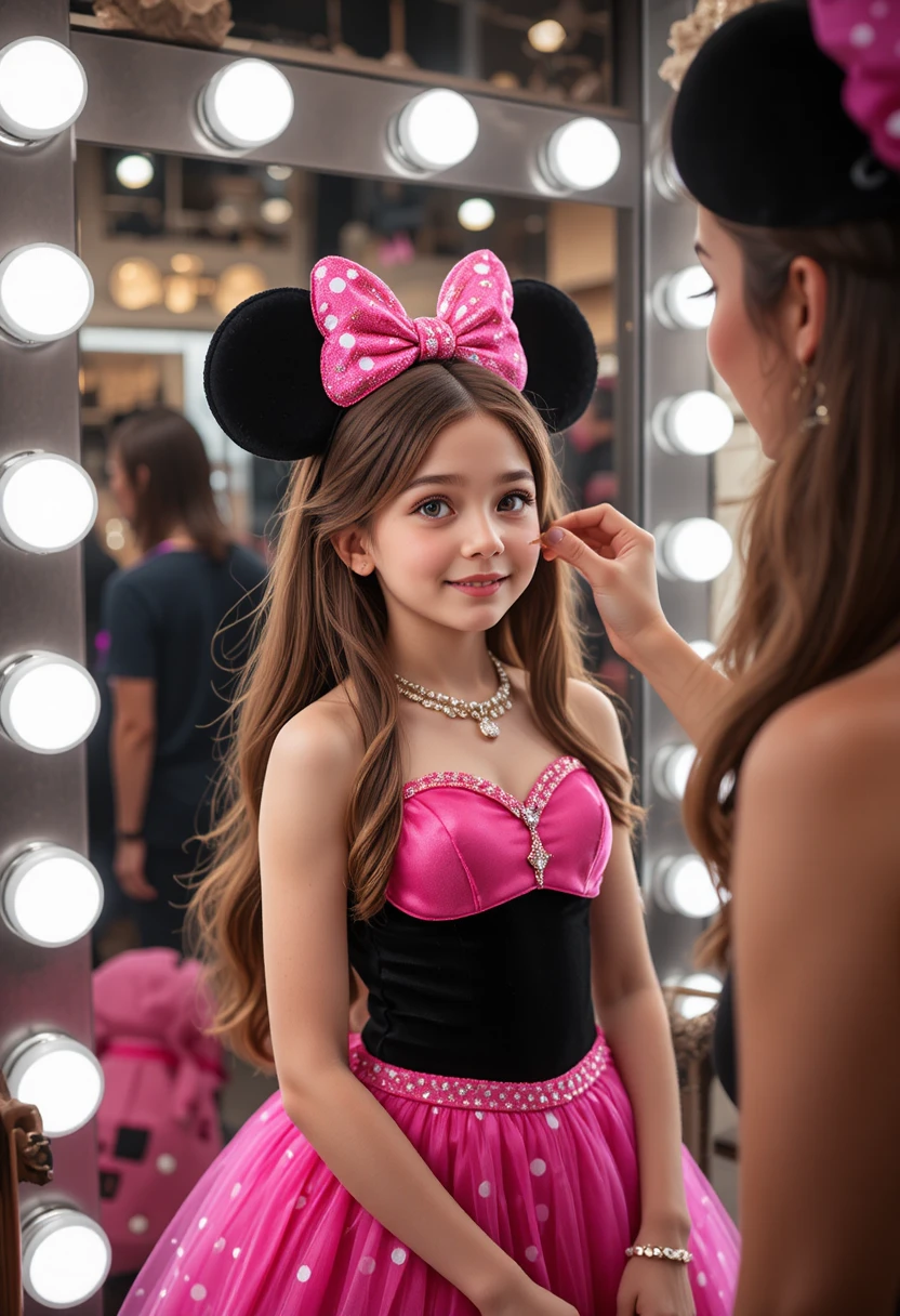Menino com vestido da Minnie Mouse em provador de boutique