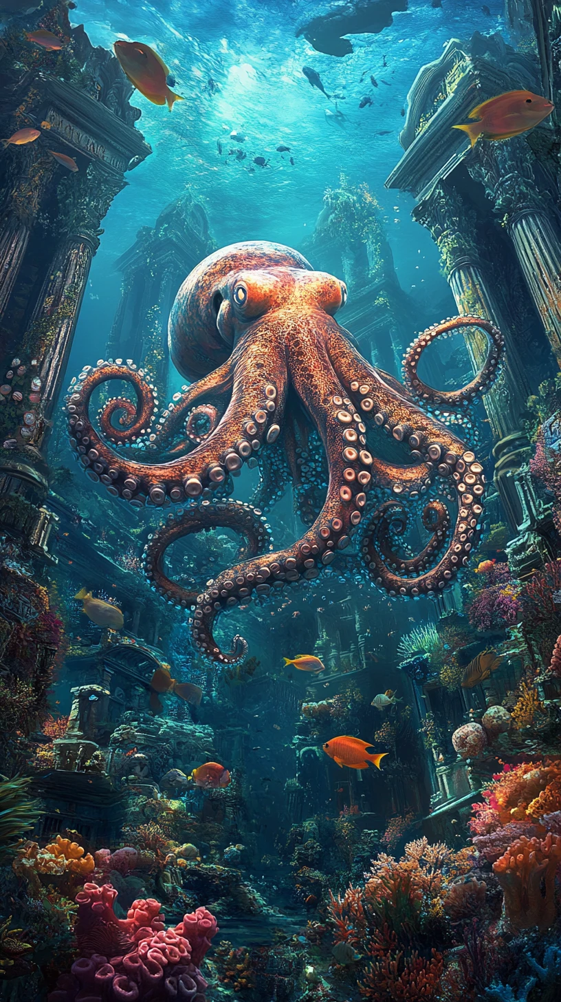 Majestic octopus gliding through a surreal sunken city