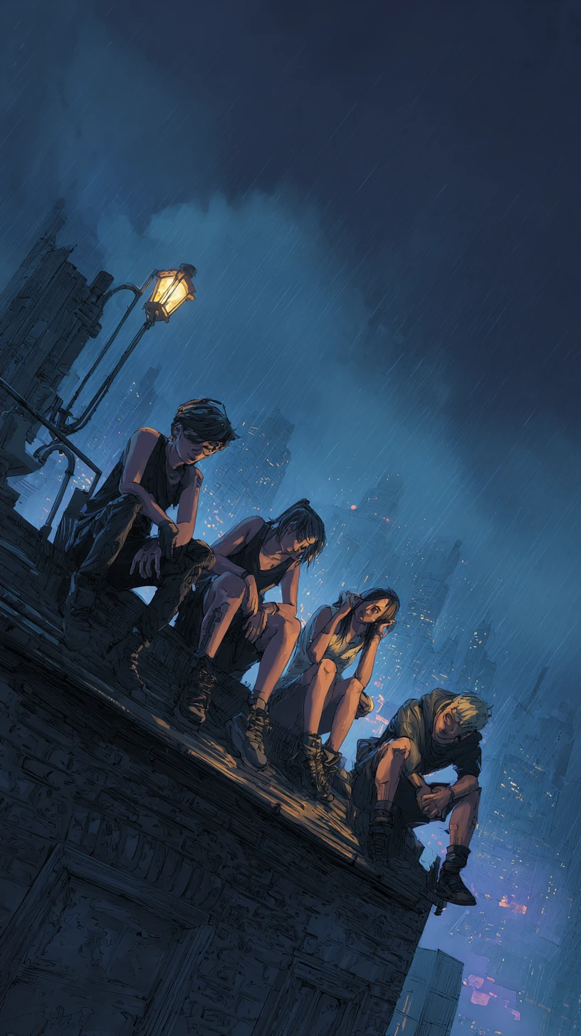 Friends huddled under lantern light on a rainy rooftop