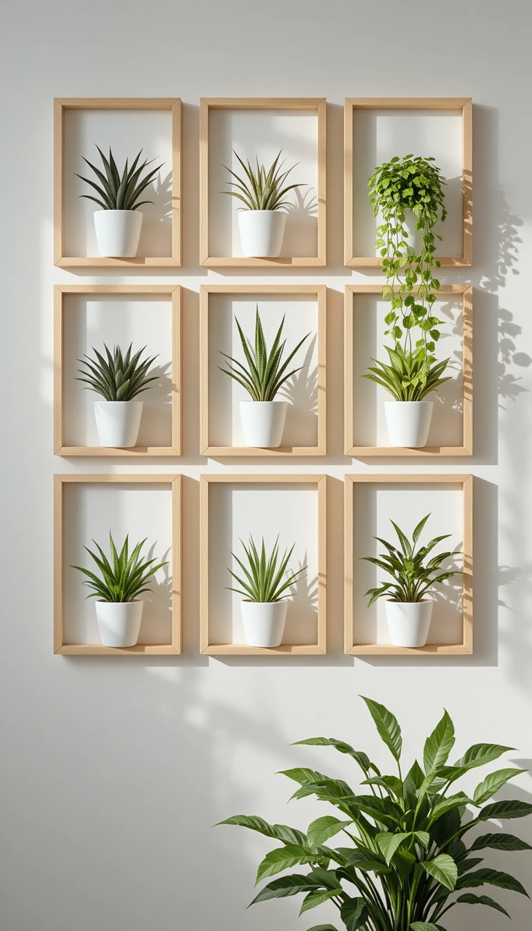 Scandinavian wall gallery of framed houseplants in natural light