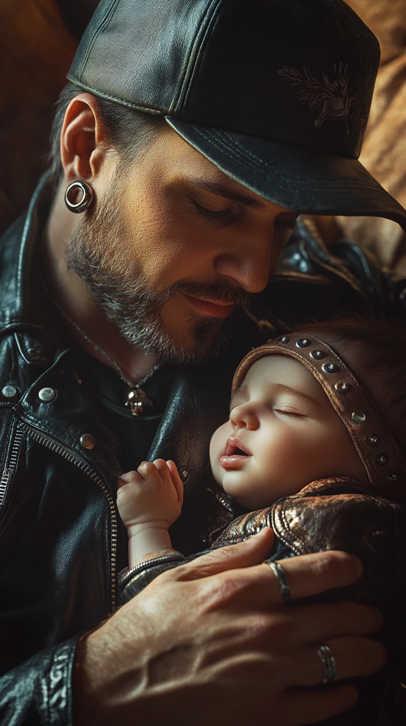 Padre rockstar acunando a su hija recién nacida durante la hora dorada