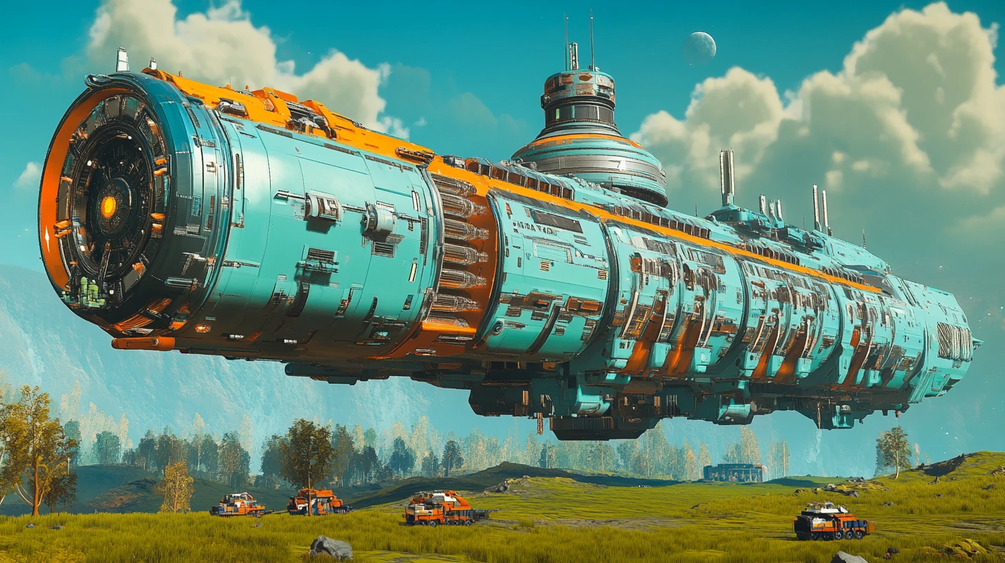 Imensa nave cargueira pousada em exuberante pradaria alienígena