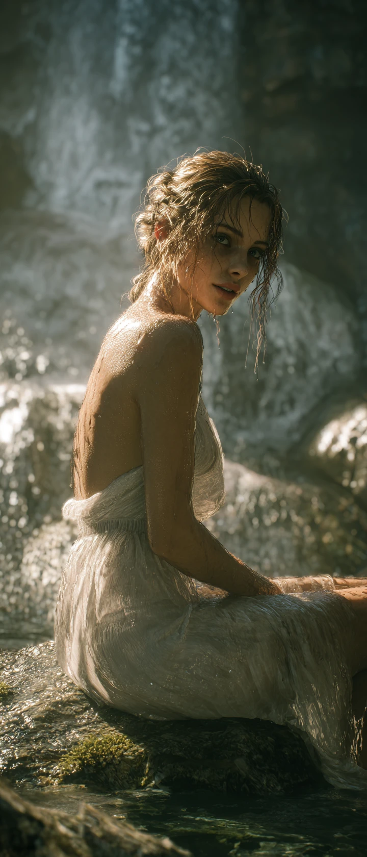 Young woman on wet rock beneath a glowing waterfall